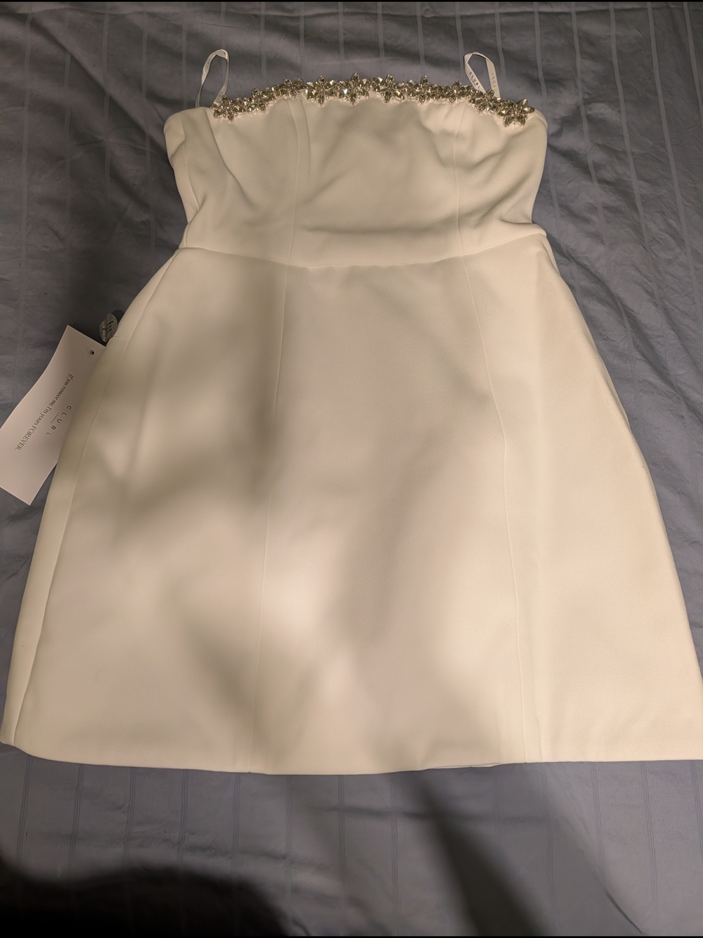 White Strapless Mini Dress with Jeweled Neckline